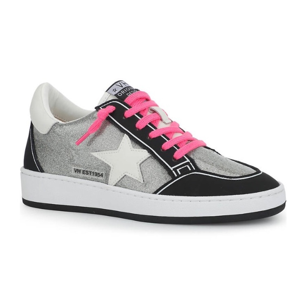 Women's VH Denisse-Glossy Black and Silver Glitter Sneakers with Pink Laces